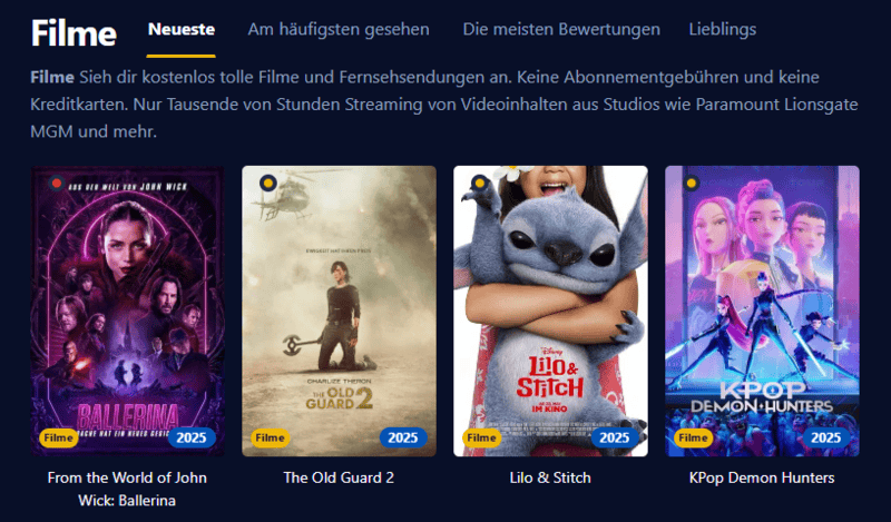 Screenshot der Benutzeroberfl&auml;che von Einschalten, die eine moderne Streaming-Plattform mit Filmen und Serien anzeigt.